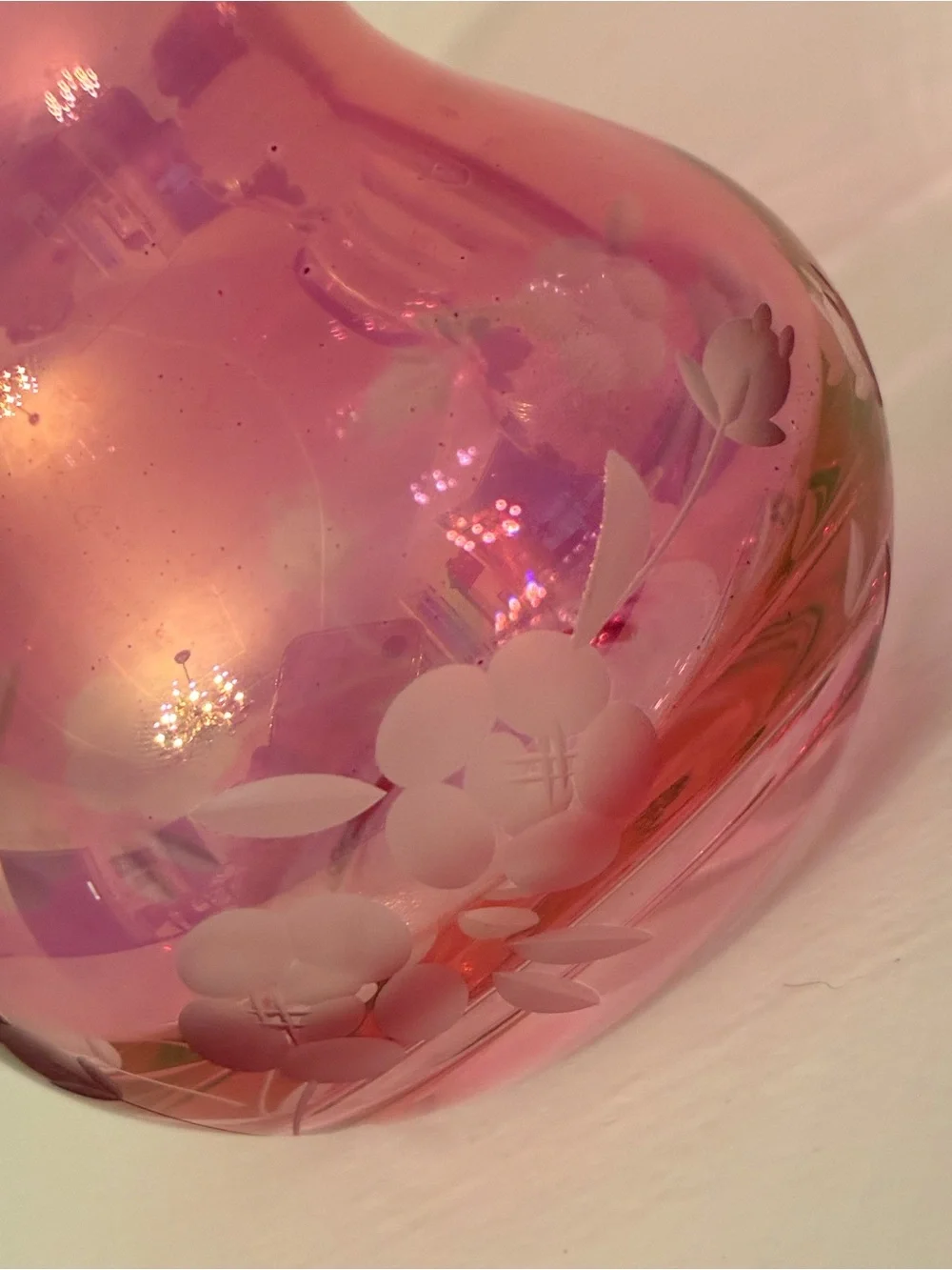 Vintage Iridescent, Cranberry Glass Vase with Hand, Etched Floral Design.